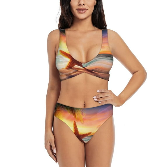 Kdxio Starfish Sunset Sea Beach Print Women's 2 Piece High Waisted Wrap Spaghetti Strap Summer Swimsuit Bikini Set-