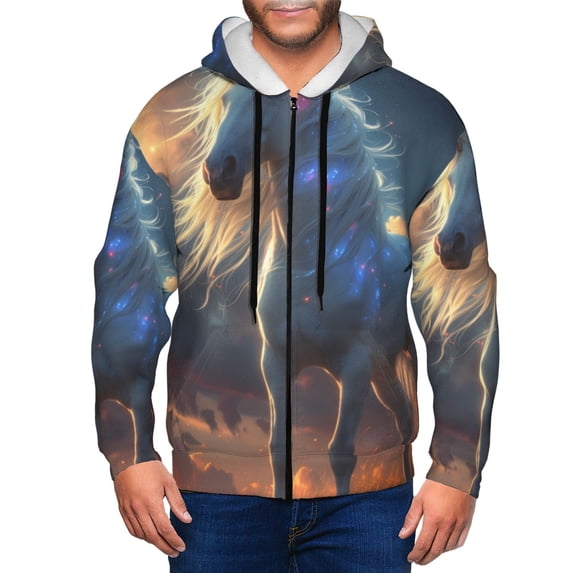Kdxio Starry Light White Horse Print Men Hoodies Casual Hoodies for Men with Zip Pockets Full Zip Long Sleeve Sweatshirt Sports Hooded Jacket-XX-Large