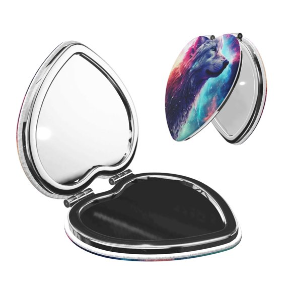 Kdxio Starry Multicolored Wolf Pocket Mirror, 1X/2X Travel Makeup Mirror 2-Sided Folding Small Mirror Portable Double-Sided Magnifying Cosmetic Mirror for Gift-Heart Shape
