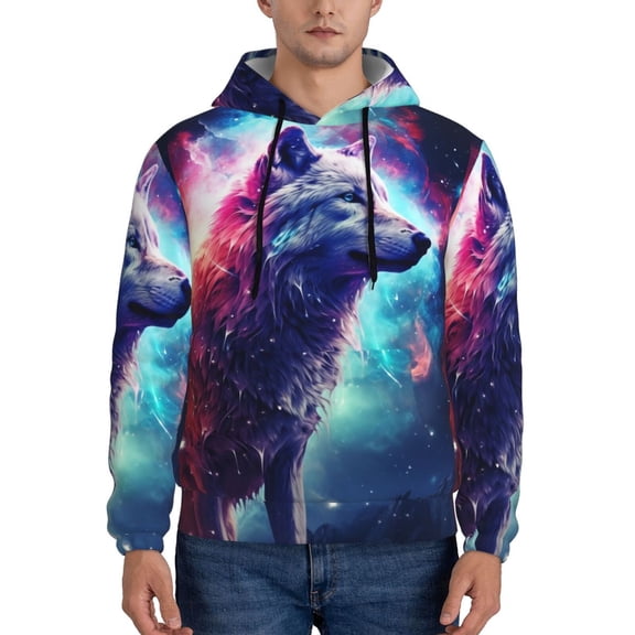 Kdxio Starry Multicolored Wolf Print Mens Casual Hooded Collar Drawstring Hoodies Pullover Sweatshirts Casual Long Sleeve Shirts-