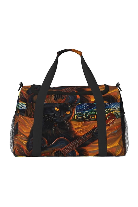 Starry Night Cat Guitarist A Travel Duffel Bag Gym Bag Weekender Travel Bag Gym Bag for Women &Men Airplane Travel Essentials for Flying