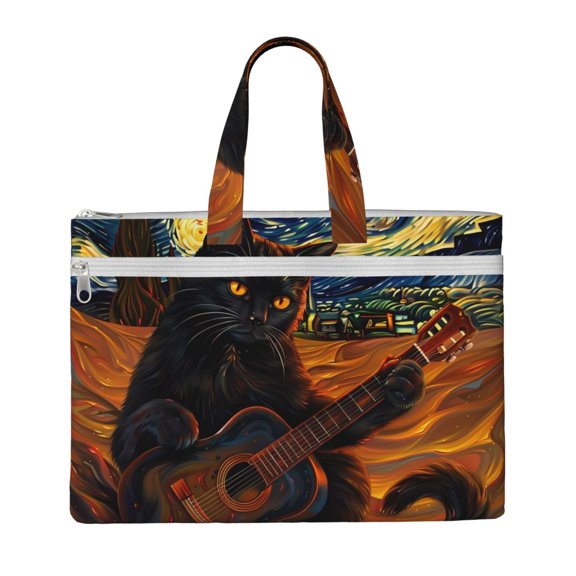 Kdxio Starry Night Cat Guitarist A File Tote Document Bag Business Briefcase Bag Document Organizer Tote Briefcase for Letter A4 Files Business Teacher Office Bag