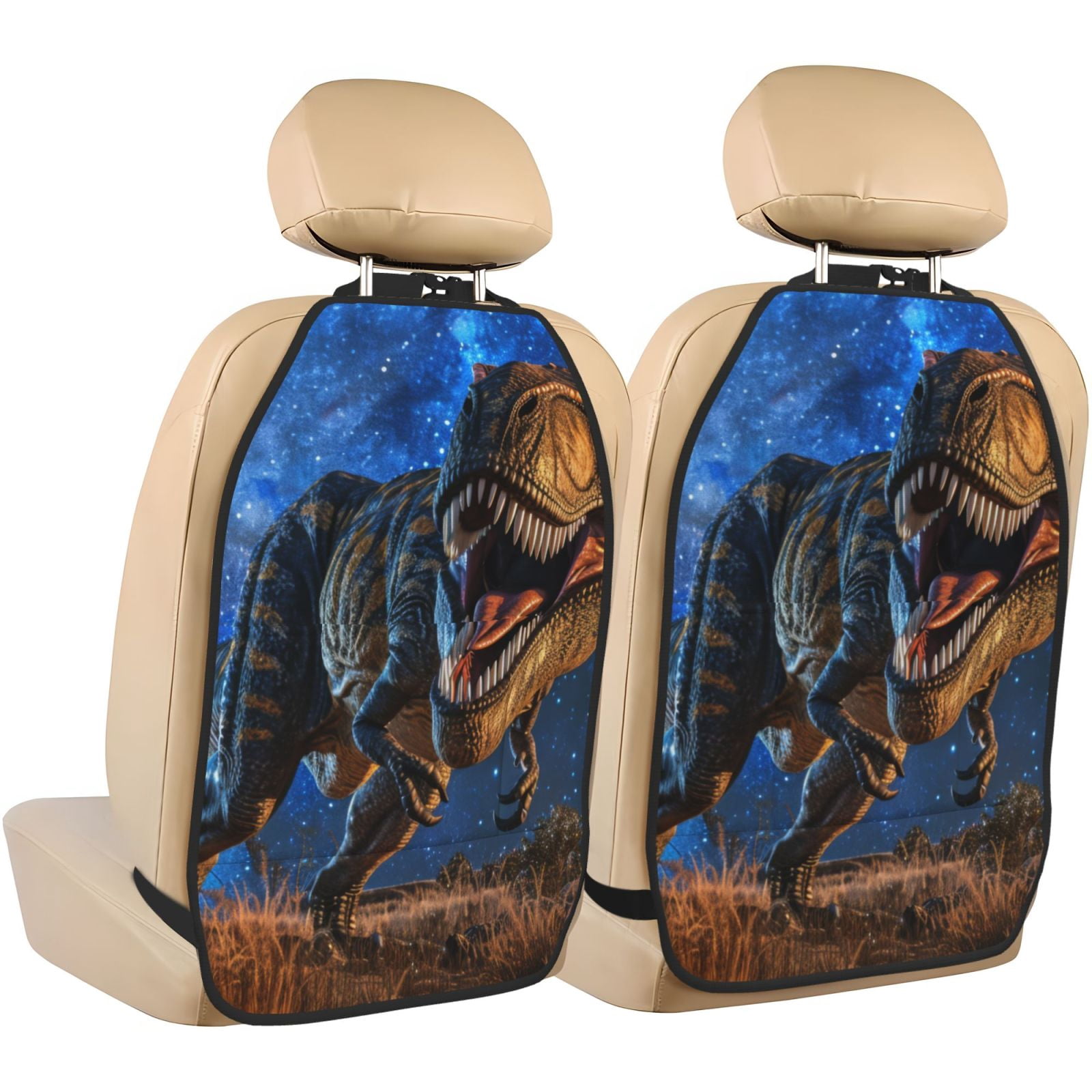 Kdxio Starry Night Charging Dinosaur Print 2 Pack Car Kick Mat Seat Cover Back Protector Mat with Pockets for Organizer Backseat Protector and Storage Anti Kick Pad for Vehicles