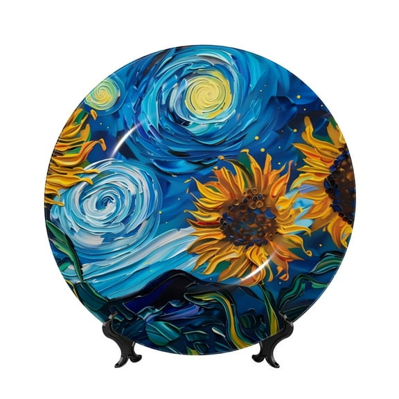 Kdxio Starry Night Sunflower Field Bone China Decorative Plate Ceramic Decorative Plate for Home Office Wall Stand Decorative Plates for Home Bedroom-10in