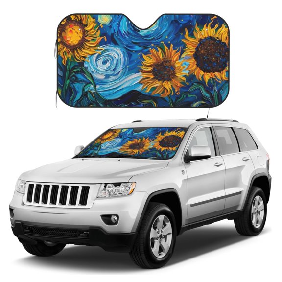 Kdxio Starry Night Sunflower Field Print Windshield Sun Shade, Foldable Sun Blocker for Car,Truck,SUV Automotive Interior Sun Protection,Reflective Shade for Front Windshield(Small)