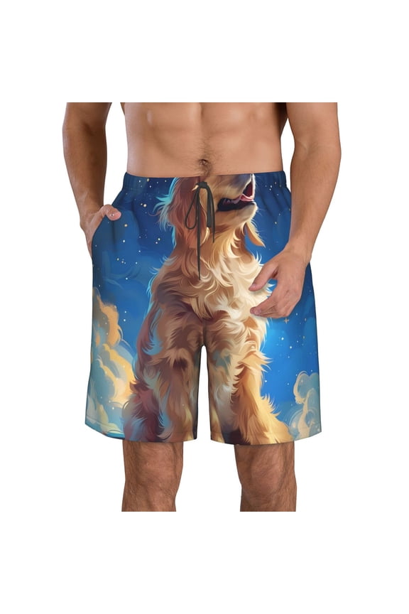 Starry Sky Cloud Dog Pattern Mens Casual Shorts - Drawstring Summer Beach Sports Shorts for Men