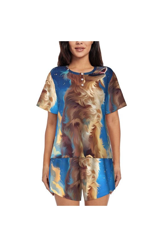 Starry Sky Cloud Dog Print Pajamas Sets for Women Short-Sleeved Pjs with Lounge Shorts Two Piece Sleepwear S-4XL