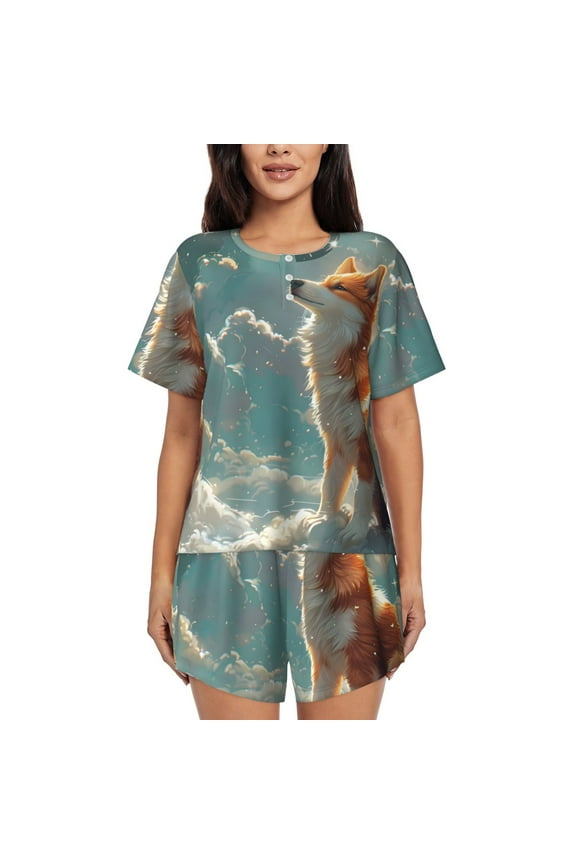 Starry Sky Cloud Fox Print Pajamas Sets for Women Short-Sleeved Pjs with Lounge Shorts Two Piece Sleepwear S-4XL