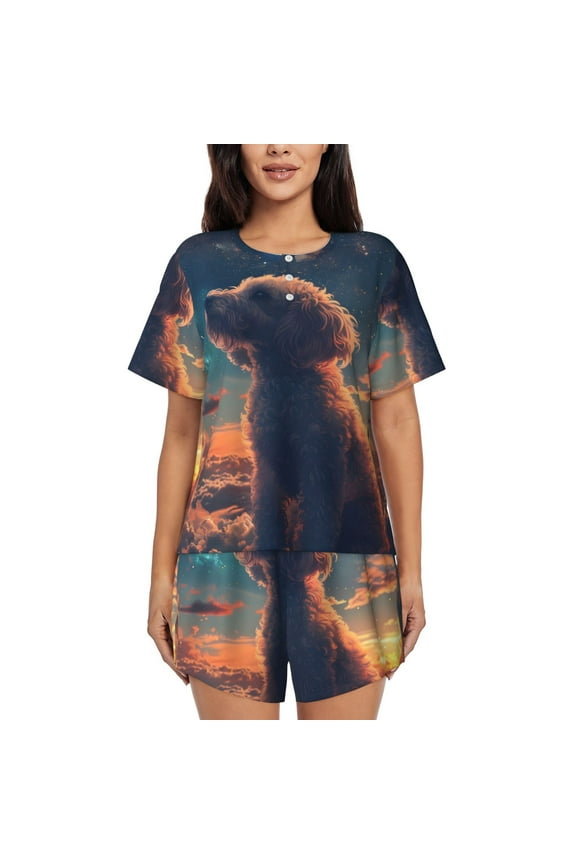 Starry Sky Cloud Puppy Print Pajamas Sets for Women Short-Sleeved Pjs with Lounge Shorts Two Piece Sleepwear S-4XL