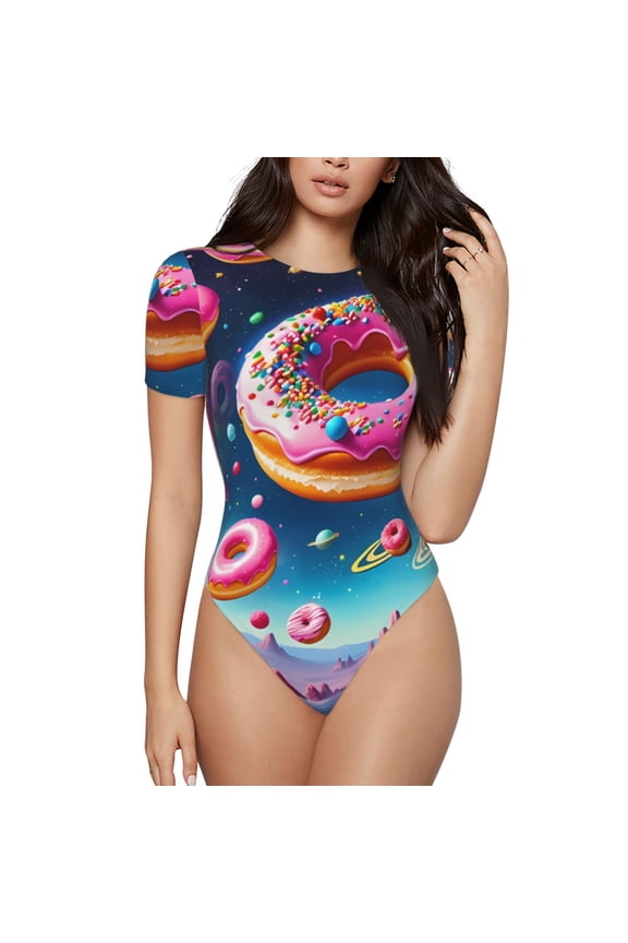 Starry Sky Colorful Donut for Women's Short-Sleeved Onesie Stylish Round Neck Pajamas Bodysuit Jumpsuit Nightwear-Large