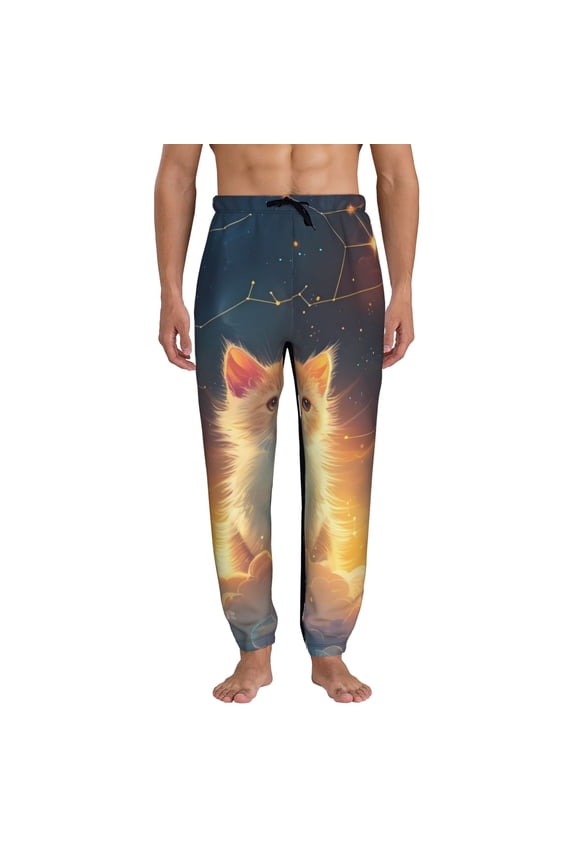 Starry Sky Constellation Cat Pattern Joggers,Sweatpants for Men with Pockets-X-Large