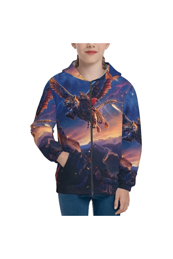 Starry Sky Flying Tiger Pattern Kids Boys Girls Zip Up Hoodie 3D Printed Hooded Sweatshirt Hoody Coat with Pocket 7-12 Y-Small