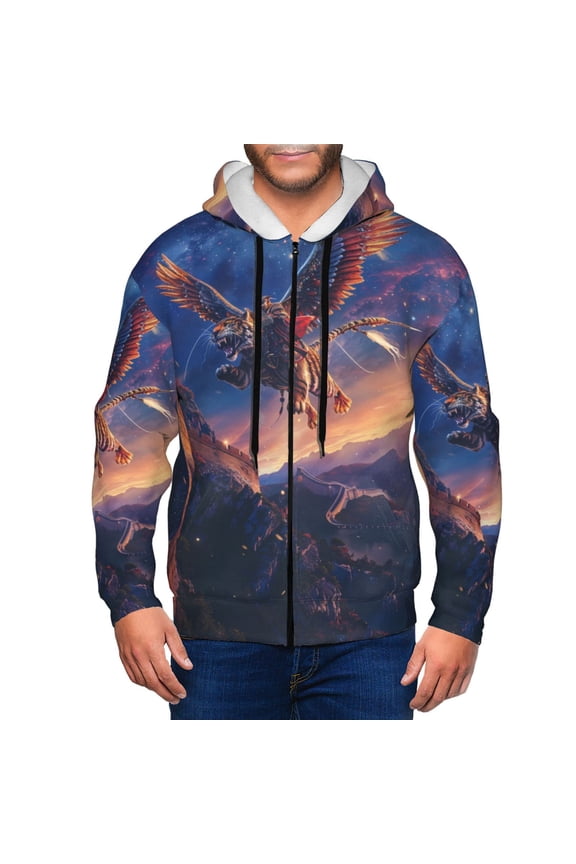 Starry Sky Flying Tiger Print Men Hoodies Casual Hoodies for Men with Zip Pockets Full Zip Long Sleeve Sweatshirt Sports Hooded Jacket-Medium