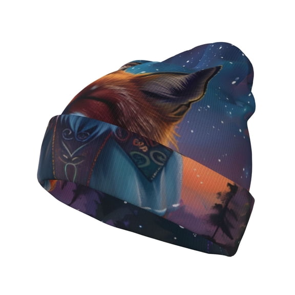 Kdxio Starry Sky Meditating Fox Winter Beanie for Men Women Beanie Knit Hat Cuffed Cap Beanie Knit Chunky Snow Cap