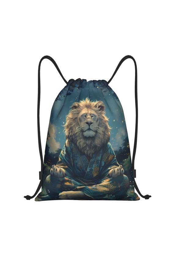 Starry Sky Meditating Lion Print Drawstring Backpack Bag,Waterproof Draw String Back Sack, Gym Drawstring Bags Swim Bag For Unisex