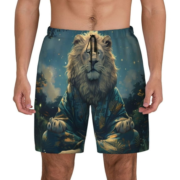 Kdxio Starry Sky Meditating Lion Print Men's Swim Trunks with Compression Liner 7 Inch Inseam Quick Dry Swim Shorts