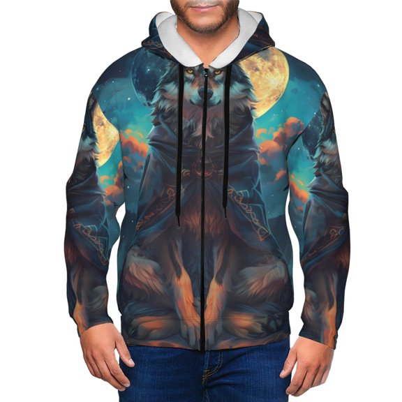 Kdxio Starry Sky Moon Wolf Leader Print Men Hoodies Casual Hoodies for Men with Zip Pockets Full Zip Long Sleeve Sweatshirt Sports Hooded Jacket-Large