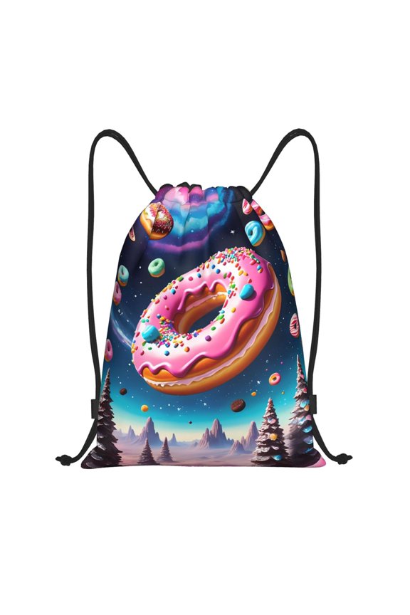 Starry Sky Pine Tree Donut Print Drawstring Backpack Bag,Waterproof Draw String Back Sack, Gym Drawstring Bags Swim Bag For Unisex