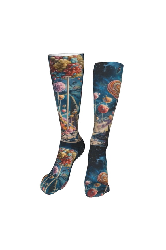 Starry Sky Planet Lollipop Funny Silky Novelty Funky Long Knee High Socks Soft 3D Print Cosplay Crazy Stockings for Men Women