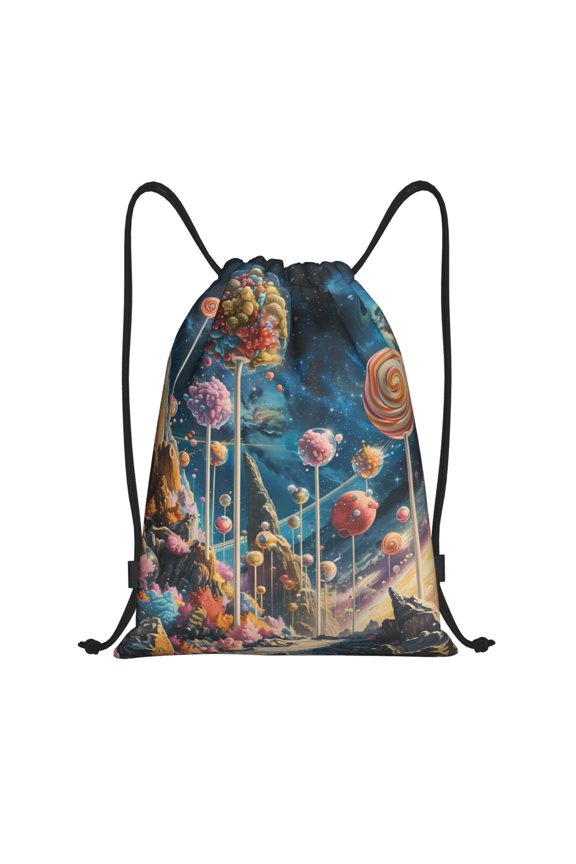 Starry Sky Planet Lollipop Print Drawstring Backpack Bag,Waterproof Draw String Back Sack, Gym Drawstring Bags Swim Bag For Unisex