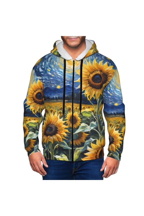Starry Sky Sunflower Print Men Hoodies Casual Hoodies for Men with Zip Pockets Full Zip Long Sleeve Sweatshirt Sports Hooded Jacket-Small
