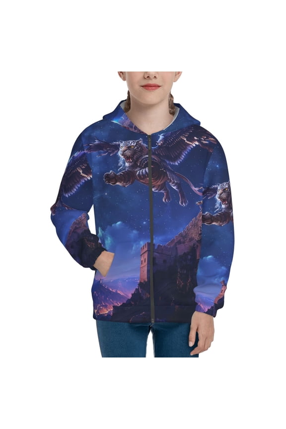 Starry Sky Wall Flying Tiger Pattern Kids Boys Girls Zip Up Hoodie 3D Printed Hooded Sweatshirt Hoody Coat with Pocket 7-12 Y-Small