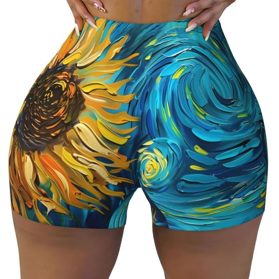 Kdxio Starry Sunflower Dreamscape Print Workout Shorts for Women Seamless Soft Smooth Gym Yoga Scrunch Active Shorts