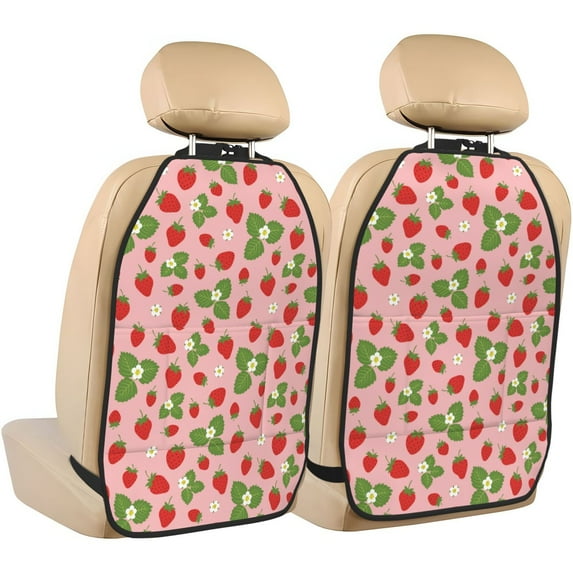 Kdxio Strawberries Print 2 Pack Car Kick Mat Seat Cover Back Protector Mat with Pockets for Organizer Backseat Protector and Storage Anti Kick Pad for Vehicles