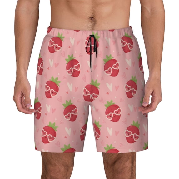 Kdxio Strawberries Print Men's Swim Trunks with Compression Liner 7 Inch Inseam Quick Dry Swim Shorts