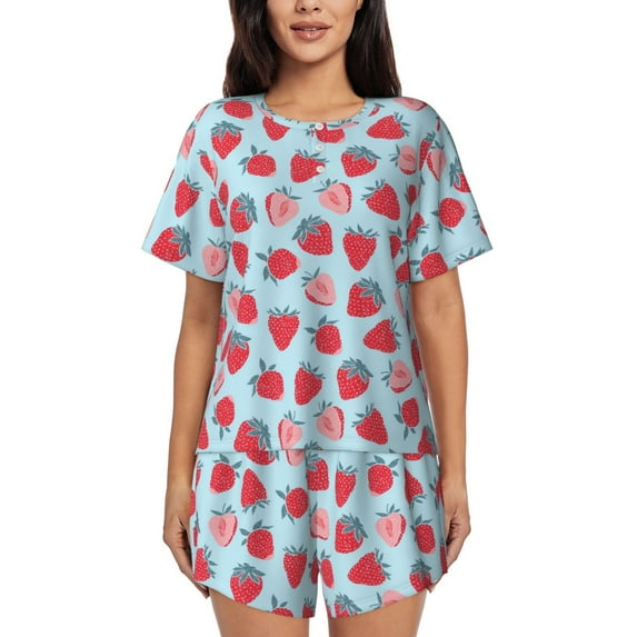 Kdxio Strawberries Print Pajamas Sets for Women Short-Sleeved Pjs with Lounge Shorts Two Piece Sleepwear S-4XL