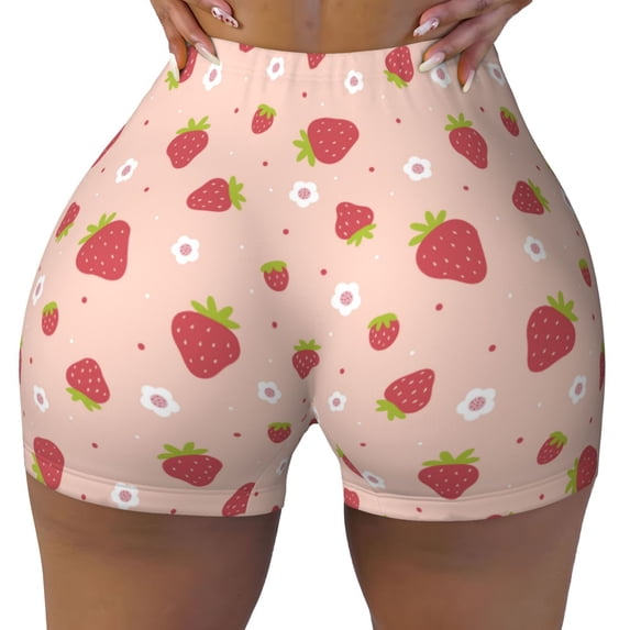 Kdxio Strawberries Print Workout Shorts for Women Seamless Soft Smooth Gym Yoga Scrunch Active Shorts