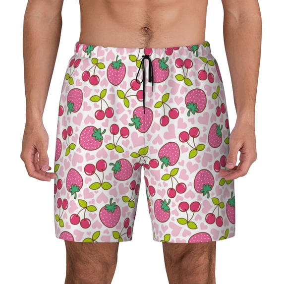 Kdxio Strawberry And Cheery Print Men's Swim Trunks with Compression Liner 7 Inch Inseam Quick Dry Swim Shorts