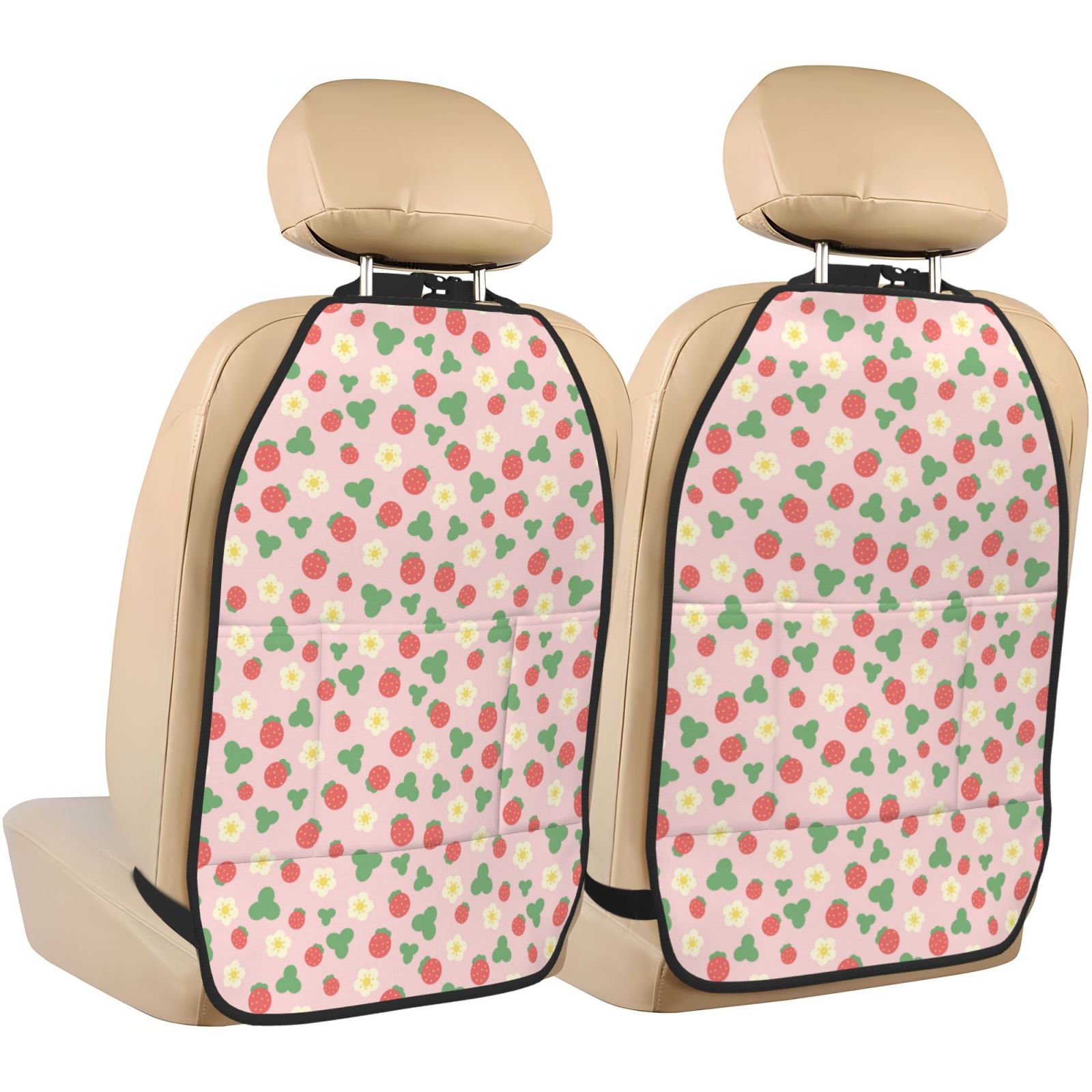 Kdxio Strawberry And Flowers Print 2 Pack Car Kick Mat Seat Cover Back Protector Mat with Pockets for Organizer Backseat Protector and Storage Anti Kick Pad for Vehicles