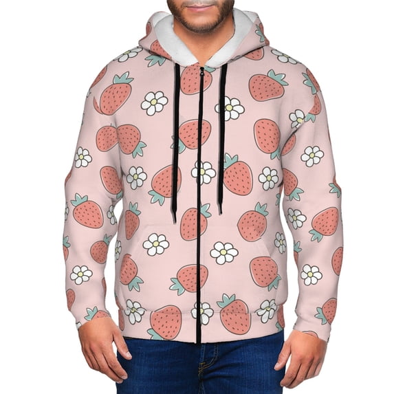 Kdxio Strawberry And Flowers Print Men Hoodies Casual Hoodies for Men with Zip Pockets Full Zip Long Sleeve Sweatshirt Sports Hooded Jacket-Large