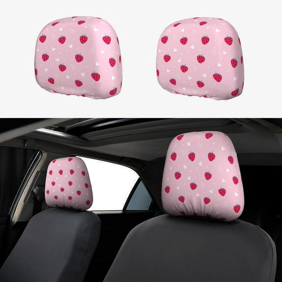 Kdxio Strawberry And Heart Pattern Print 2 Piece Car Head Rest Covers Set Auto Front/Rear Seats Headrest Cover Universal Fit Most Cars,Sedan, SUV