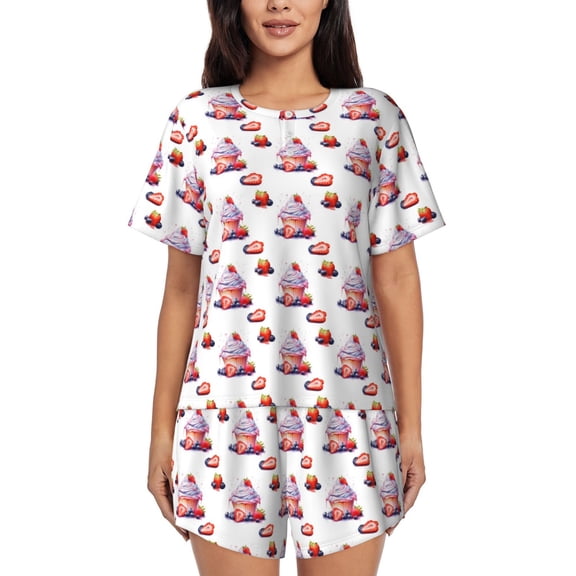 Kdxio Strawberry Blueberry Cream Cake Print Pajamas Sets for Women Short-Sleeved Pjs with Lounge Shorts Two Piece Sleepwear S-4XL