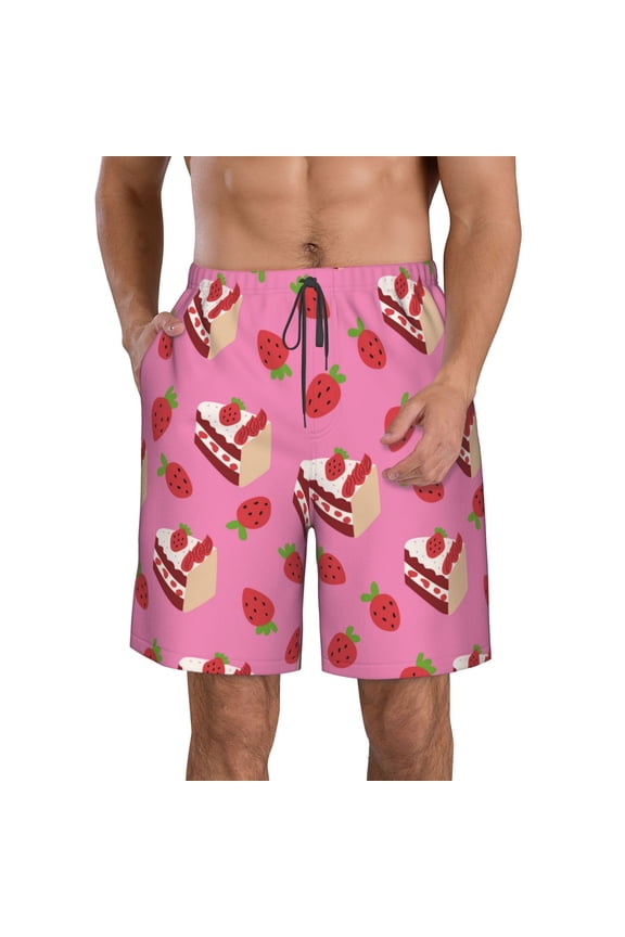 Strawberry Cake Pattern Mens Casual Shorts - Drawstring Summer Beach Sports Shorts for Men