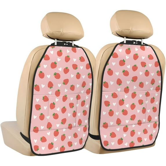 Kdxio Strawberry Print 2 Pack Car Kick Mat Seat Cover Back Protector Mat with Pockets for Organizer Backseat Protector and Storage Anti Kick Pad for Vehicles