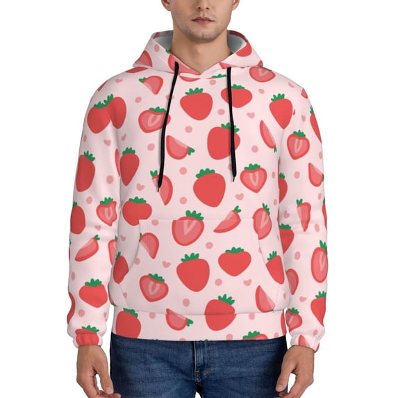 Kdxio Strawberry Print Mens Casual Hooded Collar Drawstring Hoodies Pullover Sweatshirts Casual Long Sleeve Shirts-Large