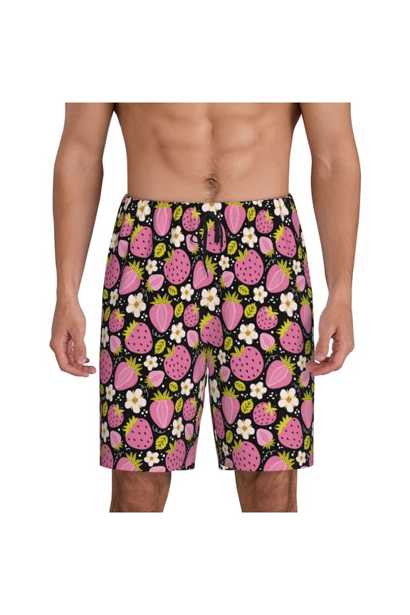 Strawberry Print Mens Sleep Shorts Bottoms Soft Comfy Pajama Wear Pants with Drawstring Pockets