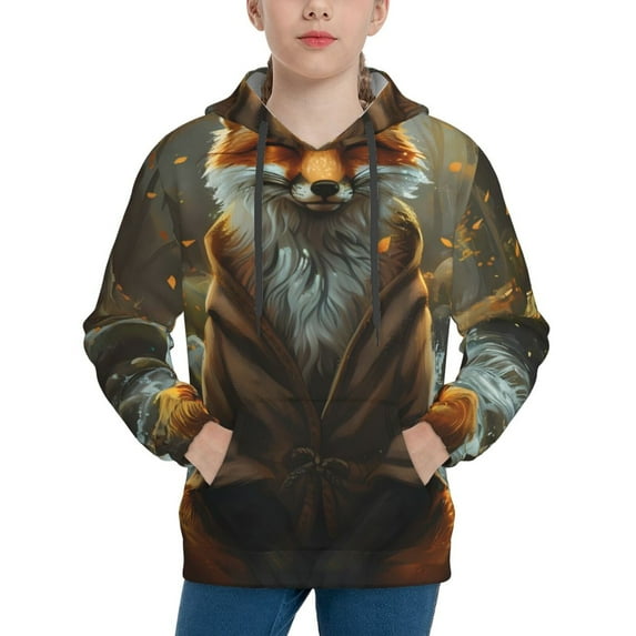 Kdxio Streamside Meditating Fox Pattern Boys Athletic Unisex Boys Girls Hoodie with Pocket Sweatshirts-X-Large