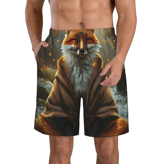 Kdxio Streamside Meditating Fox Pattern Mens Casual Shorts - Drawstring Summer Beach Sports Shorts for Men