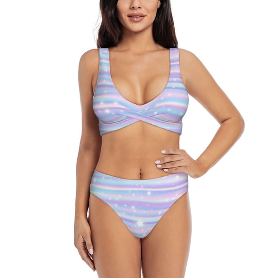 Kdxio Striped Gradient Print Women's 2 Piece High Waisted Wrap Spaghetti Strap Summer Swimsuit Bikini Set-Medium