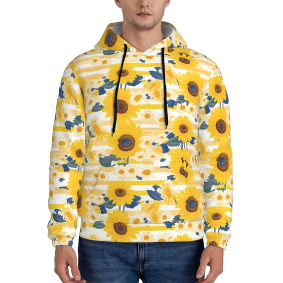 Kdxio Striped Sunflower Daisy Print Mens Casual Hooded Collar Drawstring Hoodies Pullover Sweatshirts Casual Long Sleeve Shirts-Medium