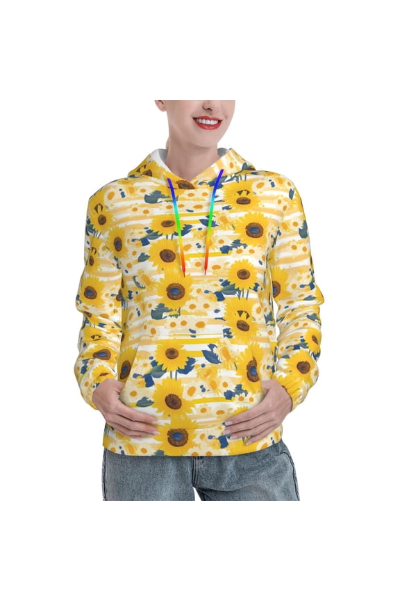 Striped Sunflower Daisy Print Womens Oversized Hoodies Sweatshirts Hooded Pullover Tops Sweaters Casual-Medium