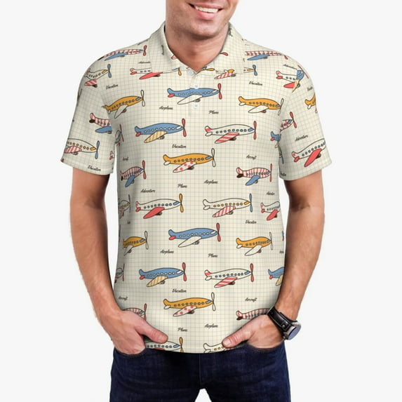 Kdxio Striped Vintage Planes Print Men's Short Sleeve Polo Shirt,Midweight Men's Shirt