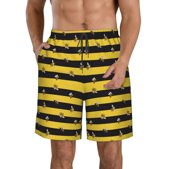 Kdxio Striped With Bees Pattern Mens Casual Shorts - Drawstring Summer Beach Sports Shorts for Men