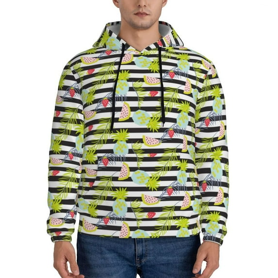 Kdxio Striped With Palm Tree Branches Print Mens Casual Hooded Collar Drawstring Hoodies Pullover Sweatshirts Casual Long Sleeve Shirts-Medium