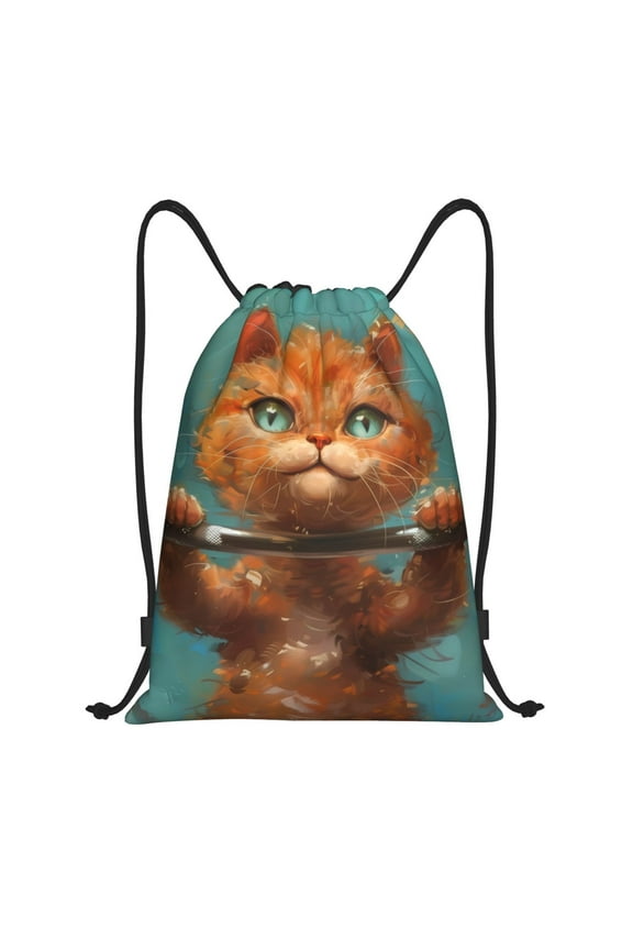 Strong Kitten Lifting Weights Print Drawstring Backpack Bag,Waterproof Draw String Back Sack, Gym Drawstring Bags Swim Bag For Unisex