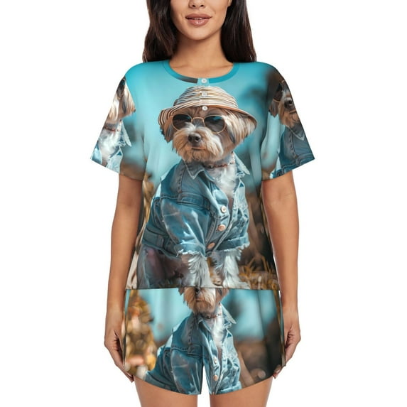 Kdxio Stylish Dog in Denim Outfit Print Pajamas Sets for Women Short-Sleeved Pjs with Lounge Shorts Two Piece Sleepwear S-4XL